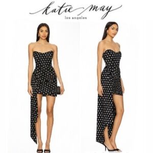Katie May Chasing Dawn Polka Dot Side Drape Strapless Satin Minidress Dress  XS
